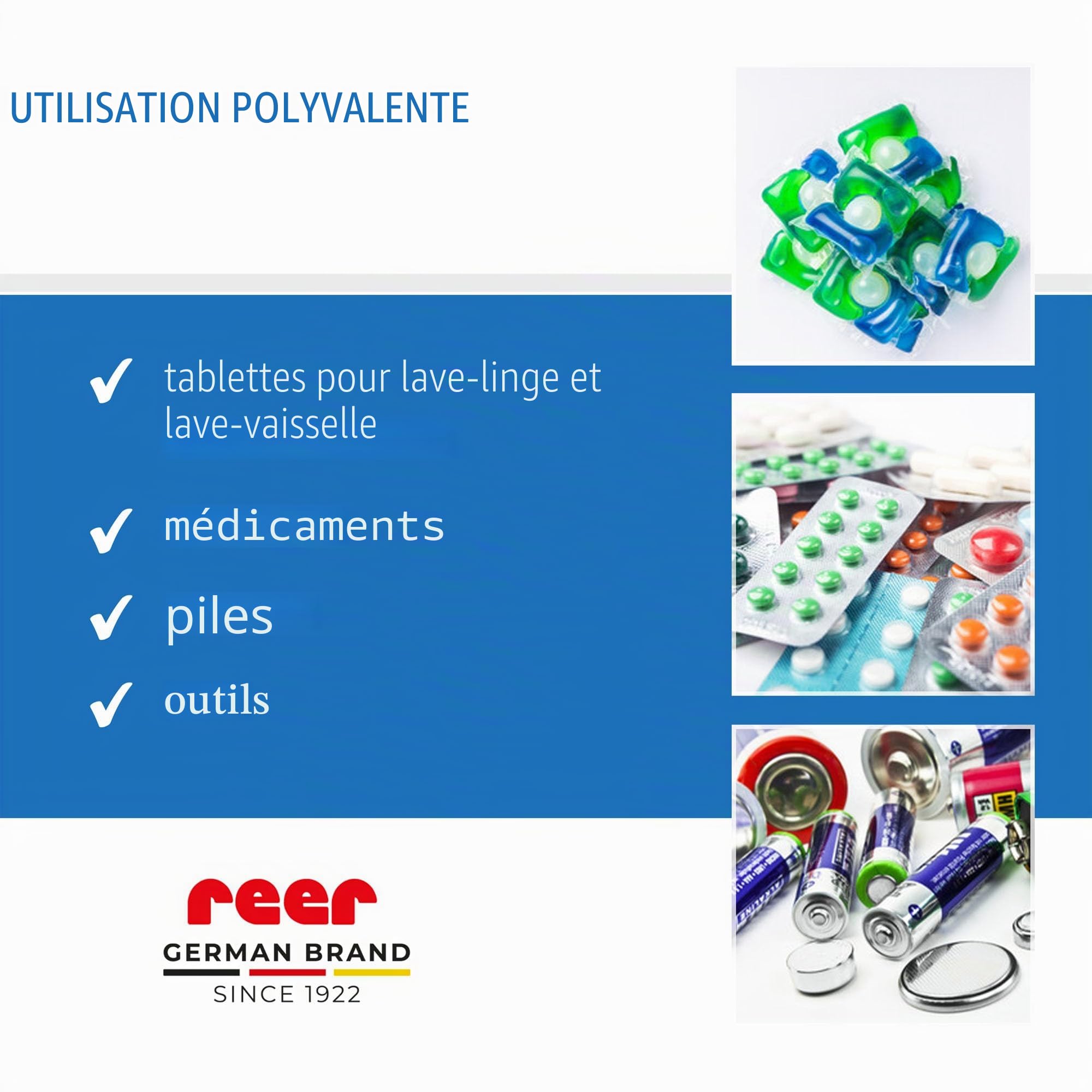 reer SafeContainer Boîte de rangement | Protection contre les petites pièces dangereuses | Fermeture sécurisée pour les enfants | Antidérapante | Fermeture sûre des tablettes de lessive, des piles,
