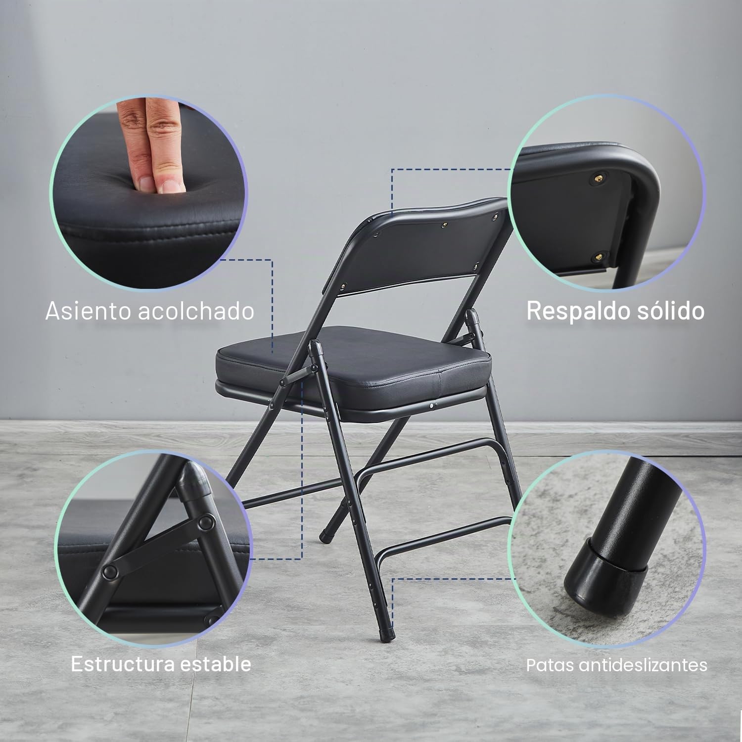 KAIHAOWIN Sillas plegables con asiento acolchado ultra grueso, silla plegable para interiores, cómodas sillas de metal con cojín suave, color negro