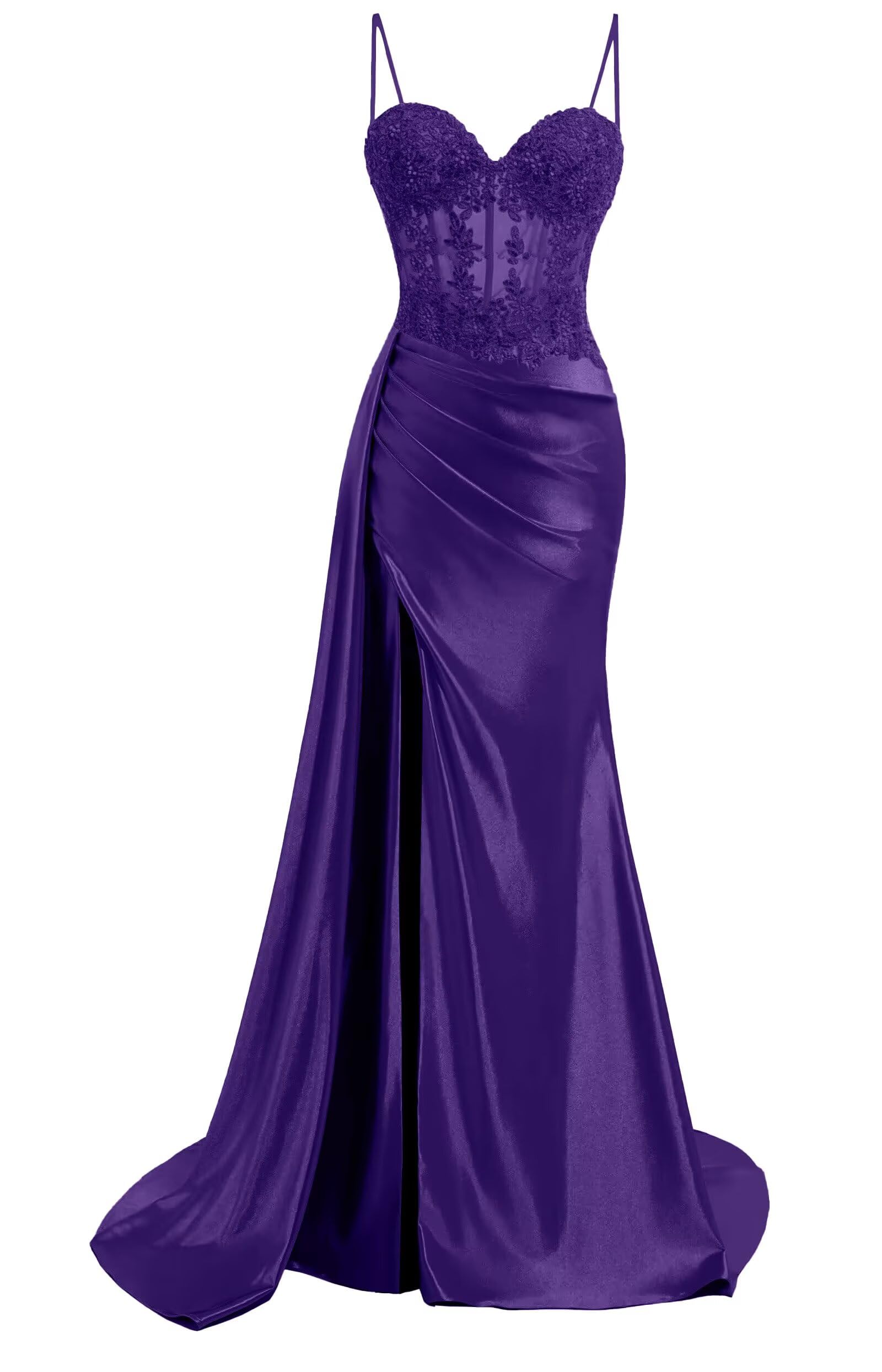 Satin Mermaid Prom Dress with Slit Spaghetti Strap Lace Pleated Sweetheart Long Formal Evening Party Gown