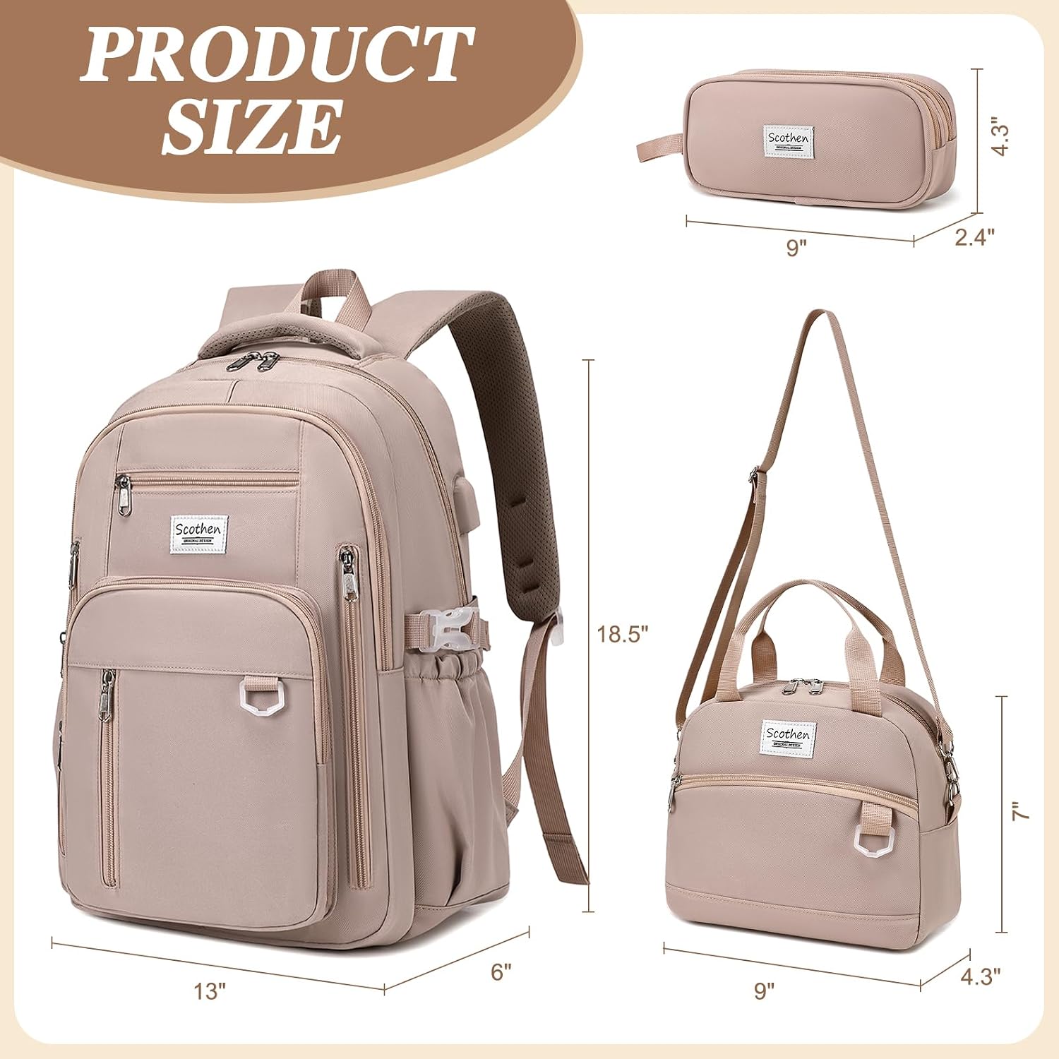 3PCS Multi-Pocket Backpacks for Girls with Lunch Bag & Pencil Pouch (Khaki) image 2