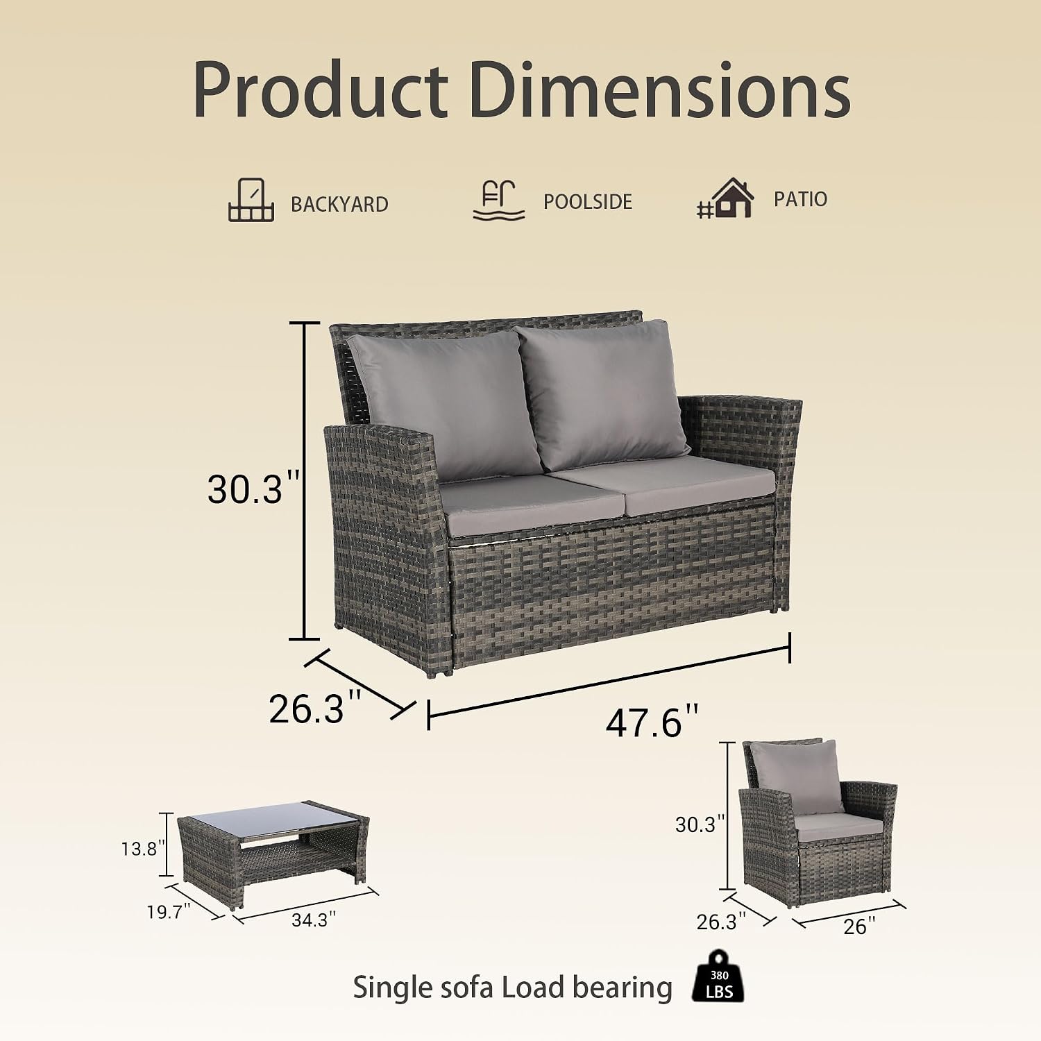 Patio Furniture Set 4 Pieces of Outdoor Furniture, Wicker Conversation Sectional Sofa Set Patio Table and Chairs with Cushion and Glass Table for Patio Backyard Lawn