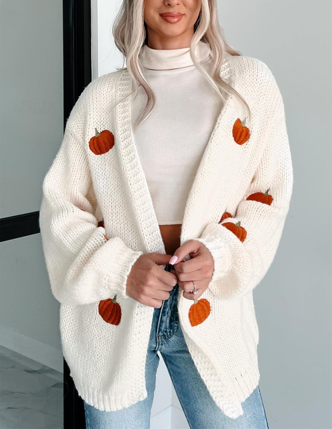 Women Pumpkin Embroidery Sweater Cardigan Open Front Loose Casual Pattern Knit Long Cardigans Coats Holiday Sweater - Image 2