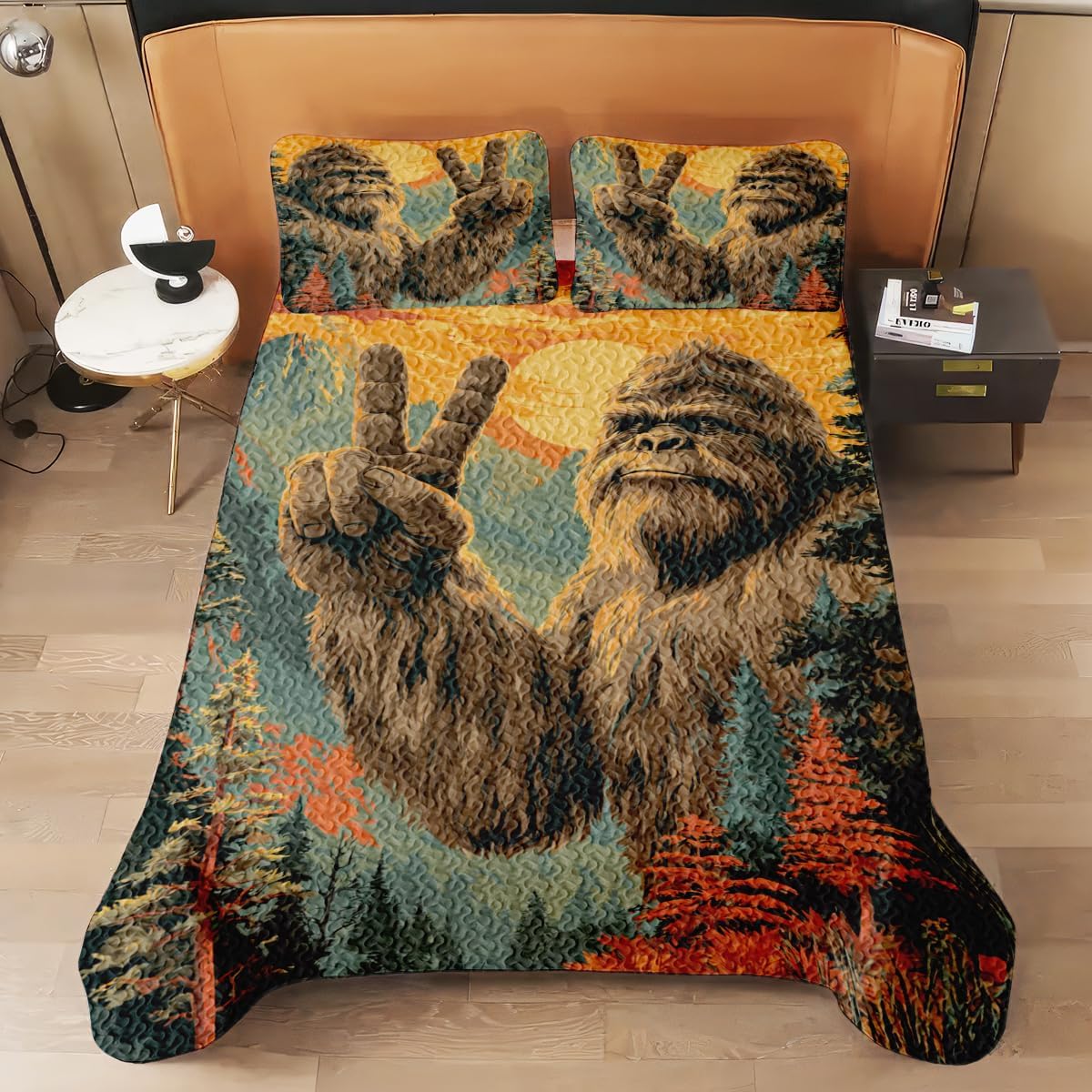 Bigfoot Quilt Sasquatch Comforter Set Queen King Twin Full Bigfoot Lovers Perfect Cozy Bedding Gifts for Men Women Kids (Bigfoot Say Hi)
