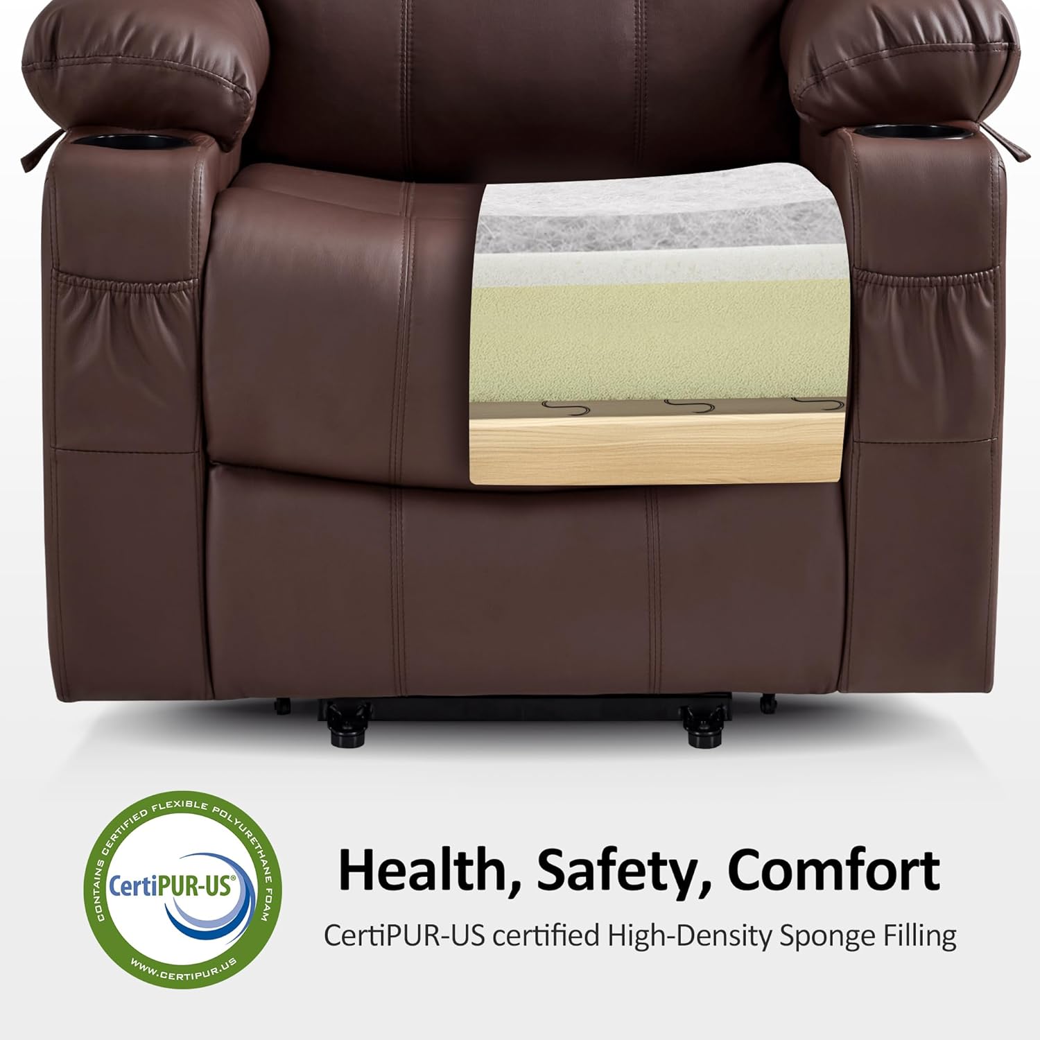 MCombo Large Power Lift Recliner Chair with Massage and Heat for Tall Elderly People, 3 Positions, Cup Holders, and USB Ports, Faux Leather 7516 (Large, Light Brown)
