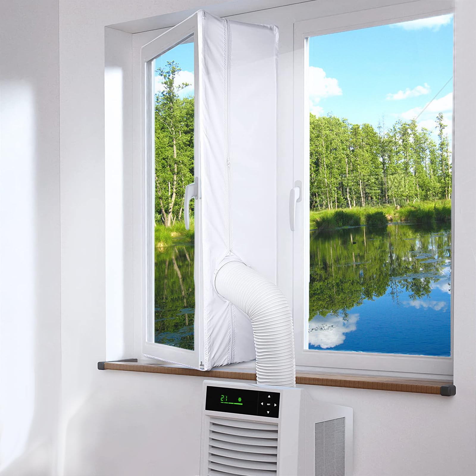 Sello de ventana de aire acondicionado móvil de 400 cm para ventanas abatibles, kit de ventilación de ventana, fácil instalación, apto para aire acondicionado portátil, secadora (blanco)