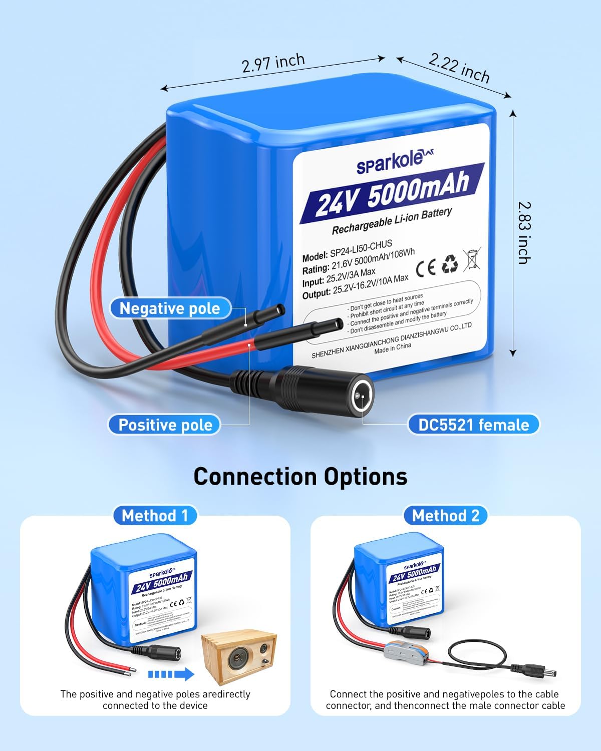24V 5Ah Rechargeable Lithium Battery with Charger, Cable Connector, Male Cable, 24V Battery for DIY Projects, Speaker Box, Radio Equipment, Portable Boombox, Ride On Car, Bluetooth Speaker, Solar