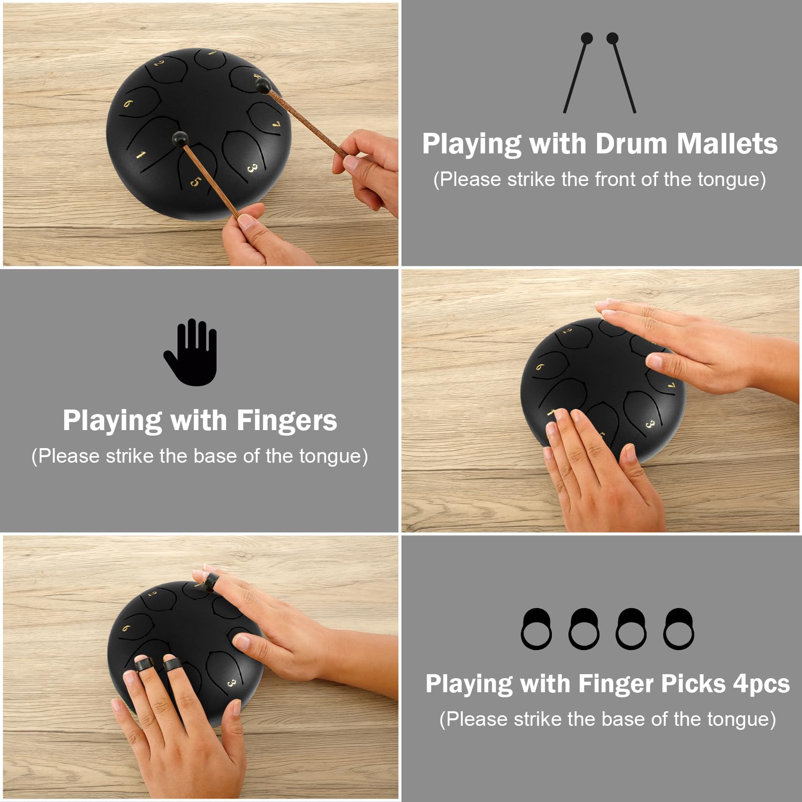 HSHGZSR Rain Chime Drum, Carbon Steel Tongue Drum, Outdoor Garden Chakra Rain Drum, 8 Tone 6 Inch Musical Rain Drum for Garden, Rustproof Rain Drum Instrument Hand Drum for Outside Patio (Black)