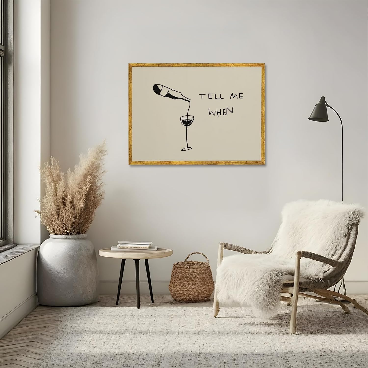 Tell Me When Wine Poster Funny Wall Art Bar Cart Wall Decor Retro Quote Canvas Print For Kitchen Bar Dining Room 12x16inch Golden frame