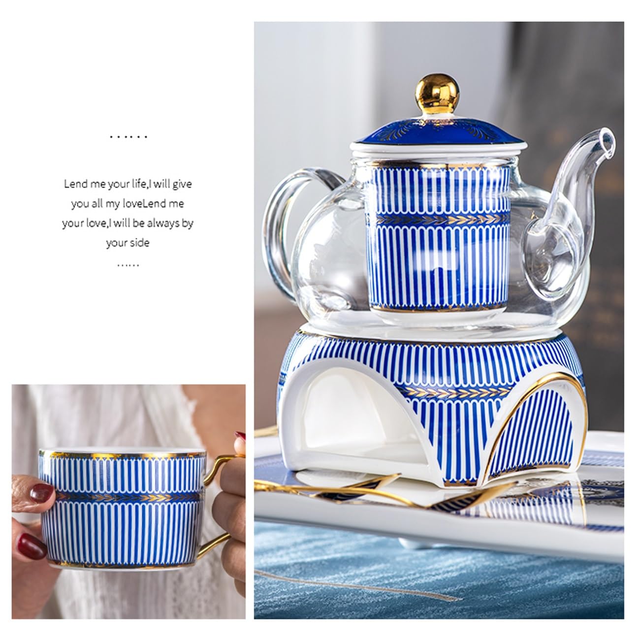 Zestaw do herbaty z porcelany kostnej z metalowym uchwytem, herbata kwiatowa, herbata owocowa, popołudniowa herbata, porcelanowe zestawy ze szklanym czajnikiem i podgrzewaczem, prezenty dla miłośnika
