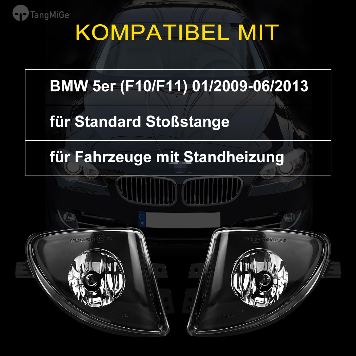 TangMiGe Nebelscheinwerfer Kompatibel mit BMW 5er F10 F11 01/2009-06/2013, für Standard Stoßstange, für Fahrzeuge mit Standheizung, 63177216888 63177216887, 1 Paar, Schwarz Smoke Objektiv