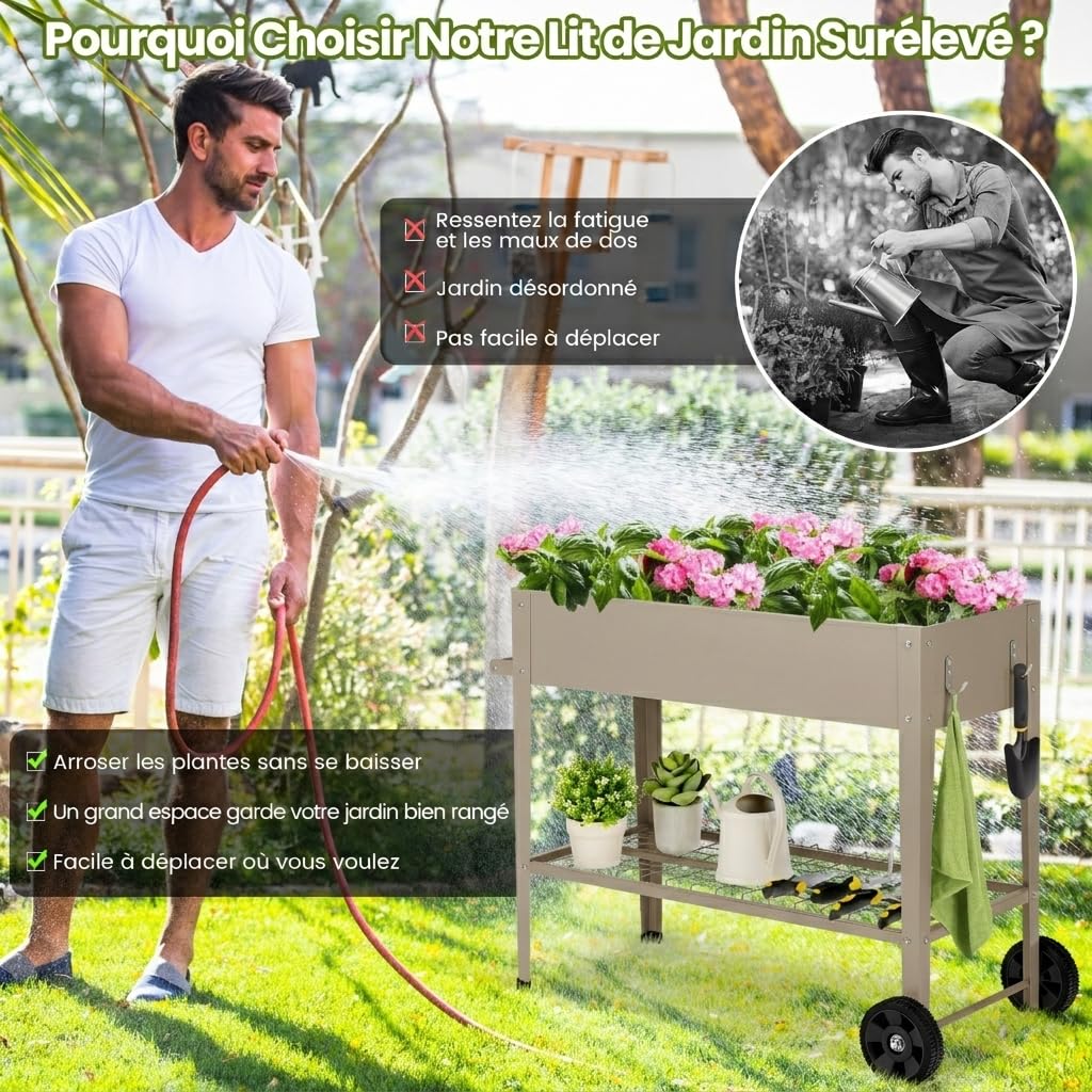 GOPLUS Jardinière Surélevé sur roulettes avec Étagère et 2 Crochets pour Outils de Jardinage, Lit de Jardin en Métal pour Légume, Herbe, Carré Potager Extérieur pour Jardin, Balcon (Blanc)