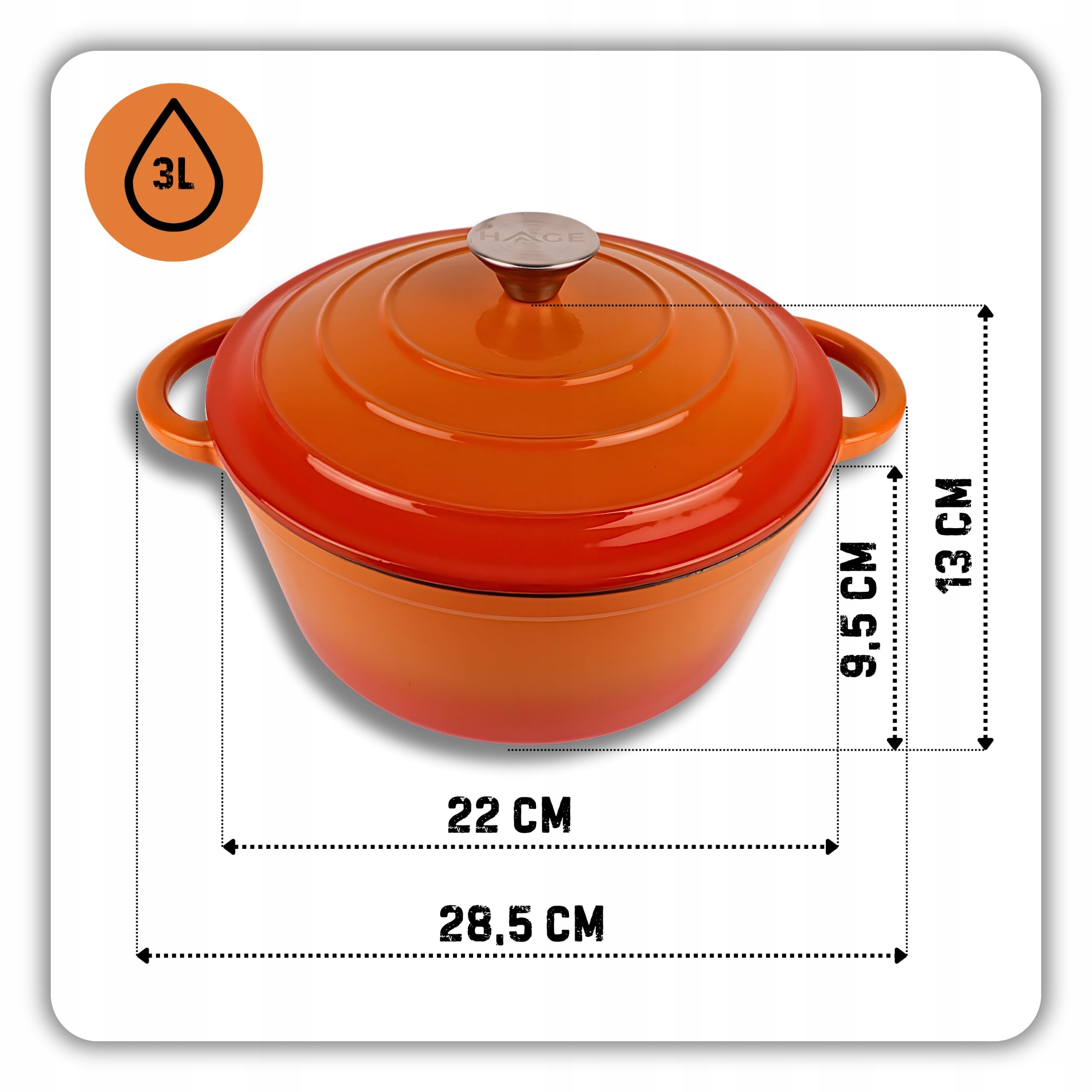 HAGE Gusseisen Topf Emailliert mit Deckel 3 l 22cm - Hoher Kochtopf Emaille Alle Herdarten - Gusseiserner Schmortopf Induktion Backofengeeignet - Gusstopf Brot Backen Leicht zu Reinigen, Orange