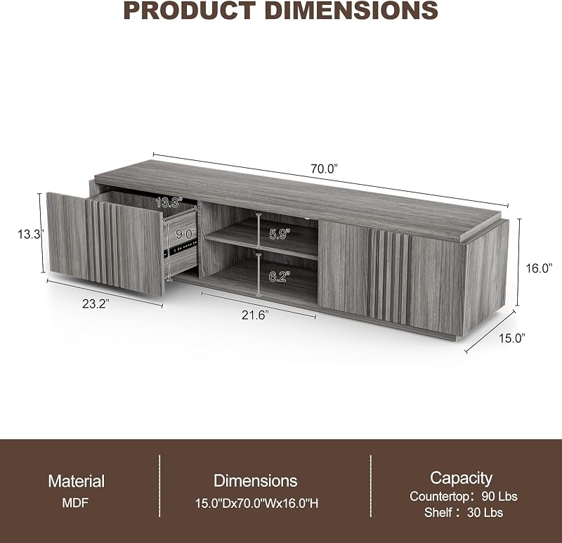 BELLEZE 70" Fluted TV Stand for TVs up to 75", Media Entertainment Center Console Table with Oversize Drawers and 2-Tier Open Shelves, Wood Storage Cabinet for Living Room, 15"D x 70"W x 16"H-(Gray) image 2