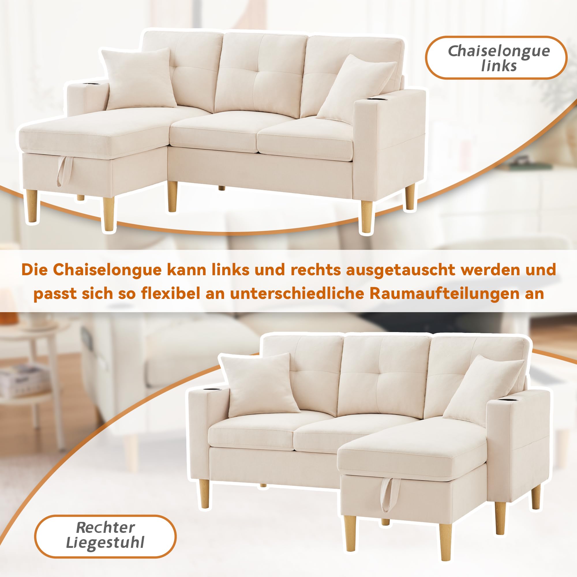 Merax Ecksofa mit Schlaffunktion, Bettkasten & Stauraum – Schlafcouch mit Getränkehalter und Seitentaschen – modernes L-Sofa für Wohnzimmer & Gästezimmer