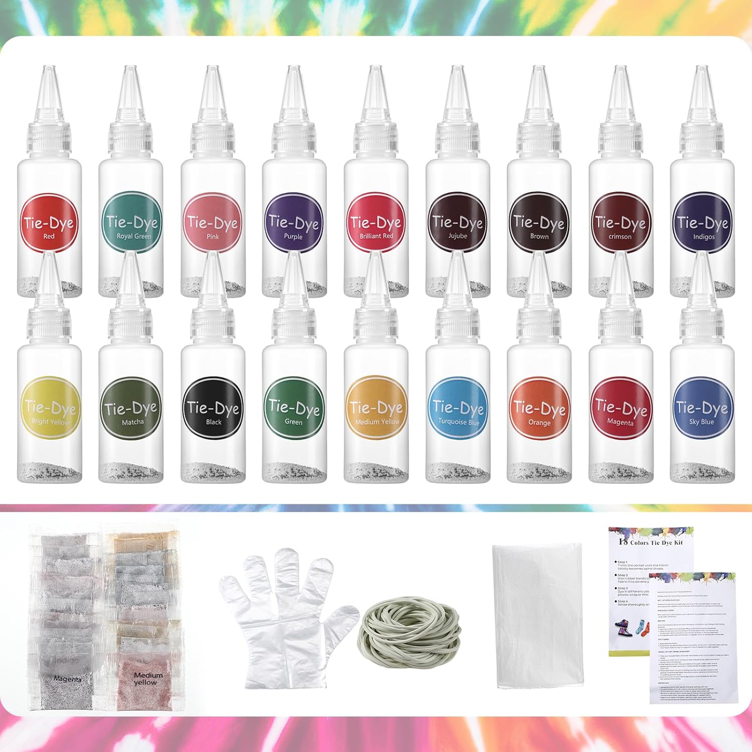 18 Colors Tie Dye Kit, with 12 Pcs Blank Tie Dye Drawstring Bags Fabric Dye for Women, Men, with Rubber Bands, Gloves, Plastic Film and Table Covers for Family Friends Groups Party Supplies