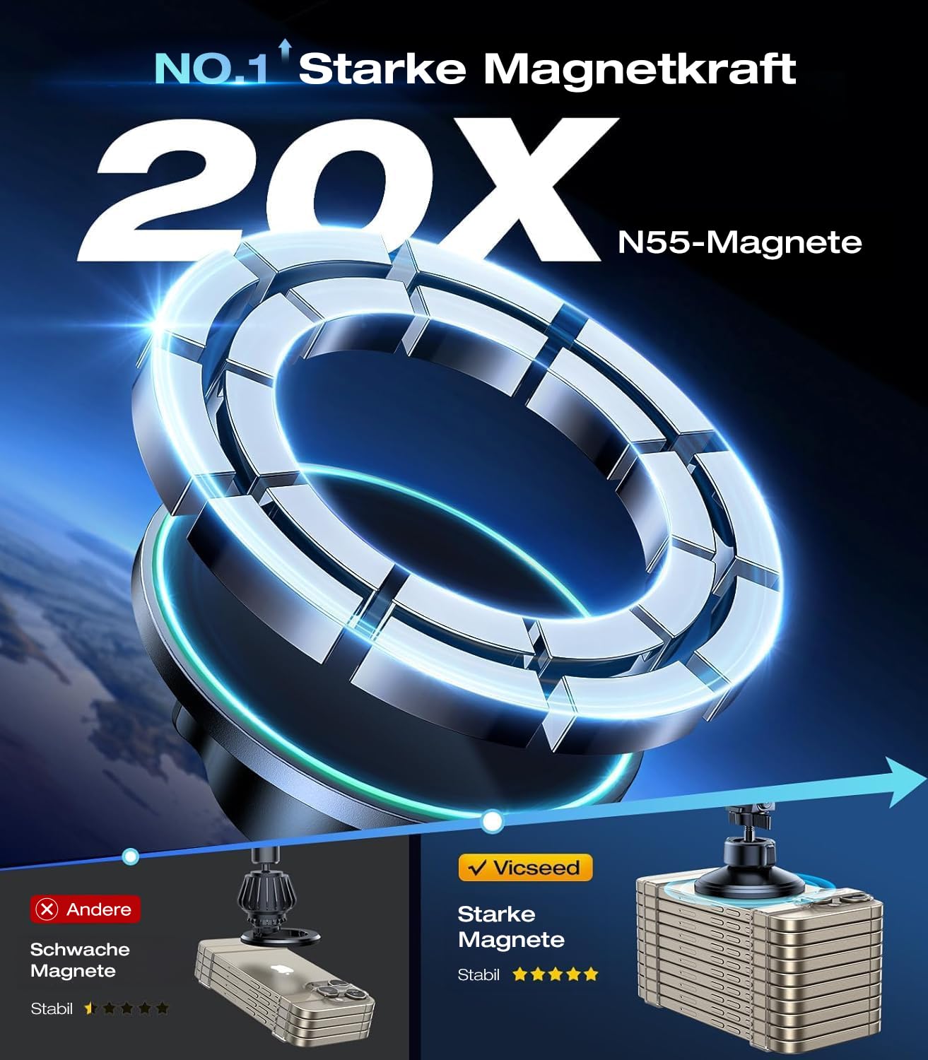 VICSEED Handyhalterung Auto Magnet Lüftung für Magsafe Autohalterung [Starker Magnet mit 20 xN55] Magnetische KFZ Handy Halterung Kompatibel für iPhone 17 16 15 14 13 12 Pro Max Samsung S25 Ultra usw