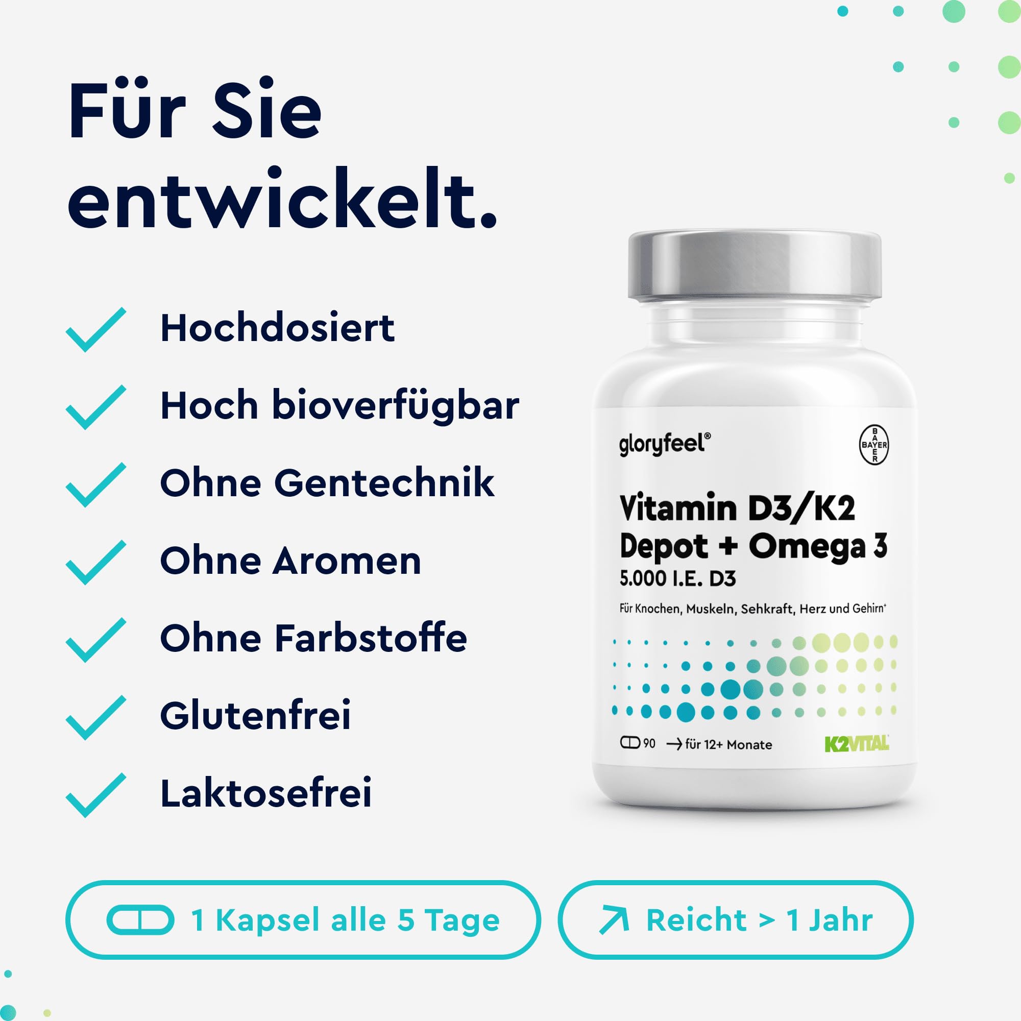 Vitamin D3 K2 & Omega 3-5000 IE - Markenrohstoff K2VITAL® + 1000mg Fischöl Triglyceride Form (DHA + EPA) - 99,7+% All-Trans Vitamin K2 MK7 - Hochdosiert, laborgeprüft in Deutschland entwickelt