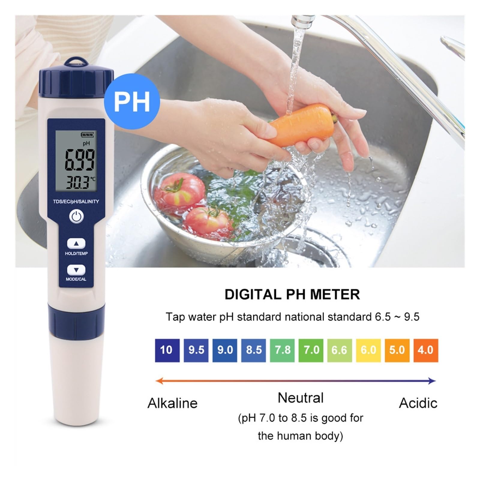 TDS Testeur, Compteur de qualité de l'eau à Fonction 5 en 1, testeur de salinité PH TDS EC avec rétro-éclairage for l'aquaculture, l'eau Potable et la Piscine(with Backlight)