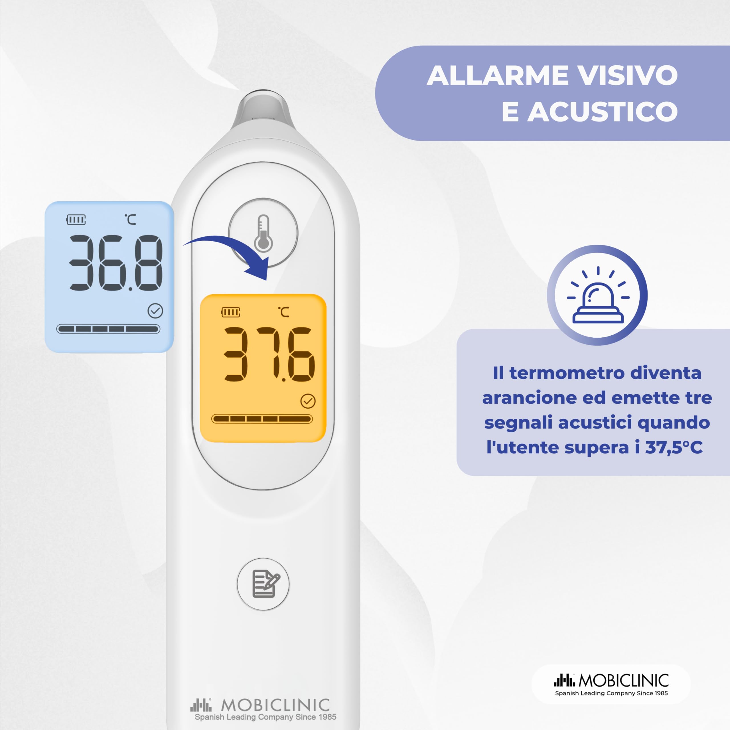 Mobiclinic®, Termometro Auricolare, 7 Memorie, Avviso Febbre, Display Illuminato, Punta Morbida e Sicura, Spegnimento Automatico, per Bambini e Adulti, °C/°F, Thermobi1