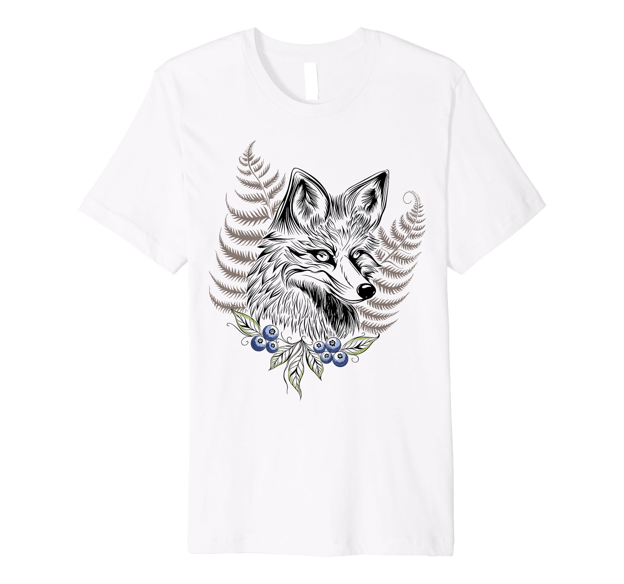Wild Fox Art with Fern and Blueberries Fox for Animal Lovers Premium T-Shirt
