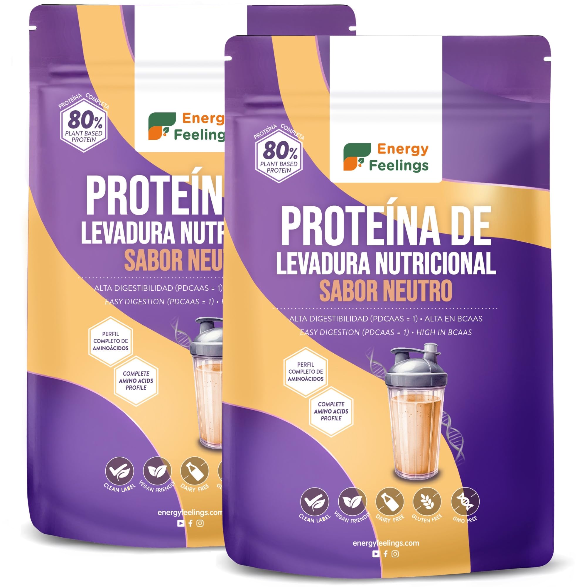 Energy Feelings Protéine Végétale de Levure Nutritionnelle 80%, Vegan Protein Powder, Protéine en Poudre Goût Neutre Sans Sucre Ajouté et Sans Lactose pour Musculation, Naturelle, 2kg