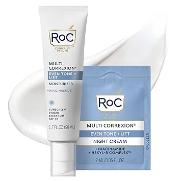 مرطب الوجه اليومي المضاد للشيخوخة RoC Multi Correxion 5 في 1 للنساء والرجال، عامل حماية من الشمس واسع الطيف 30 وزبدة الشيا 1.7 أونصة مع عبوة كريم ليلي قد تختلف العبوة
