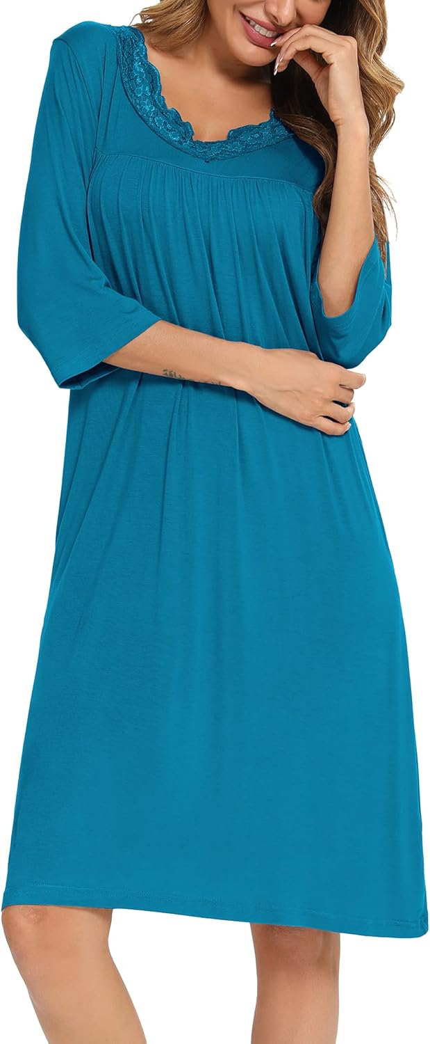 YYA Nightgowns for Women 3/4 Sleeve Sleepwear Lace Comfy Sleep Gowns Pleated V Neck Plus Size Nightshirt S-4XL - Image 4