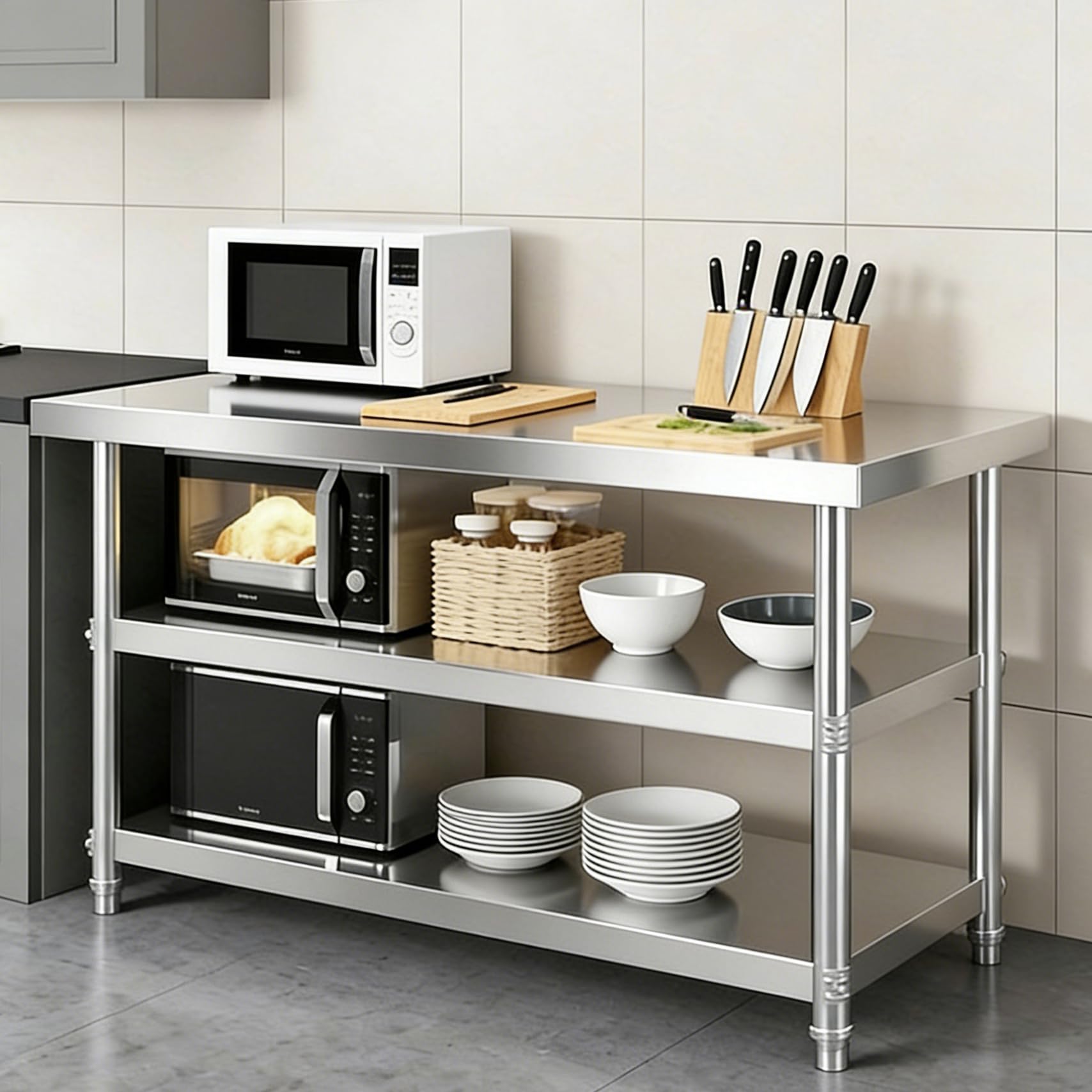 Table de cuisine en INOX à 3 niveaux conçue pour la préparation boucher