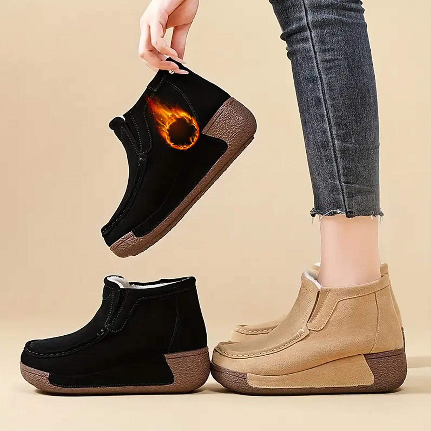 Mocasines de plataforma para mujer, cómodos, de gamuza, con puntera redonda, forro de piel, cálidos, suaves, antideslizantes, botas de nieve ligeras para invierno y exteriores