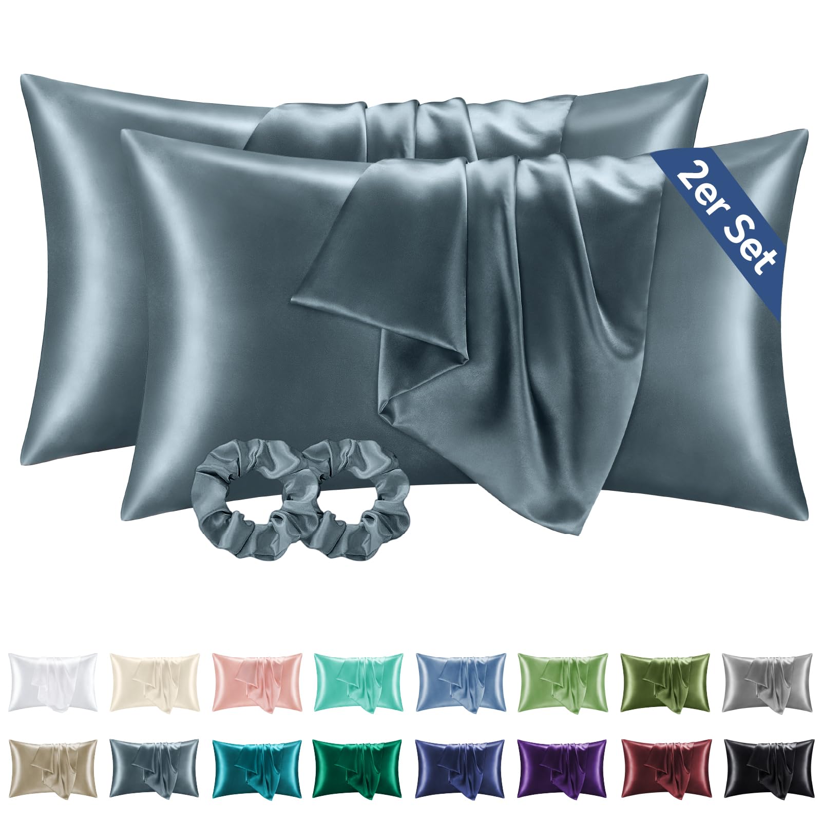 BEDELITE Satin Kissenbezug 40 x 80 Silbergrau - Kopfkissenbezug 2er Set Weich wie Seidenkissenbezug 40x80 Sommer mit 2 Haargummis für Haar und Haut, Similar to Silk Pillowcase Pillow Cover