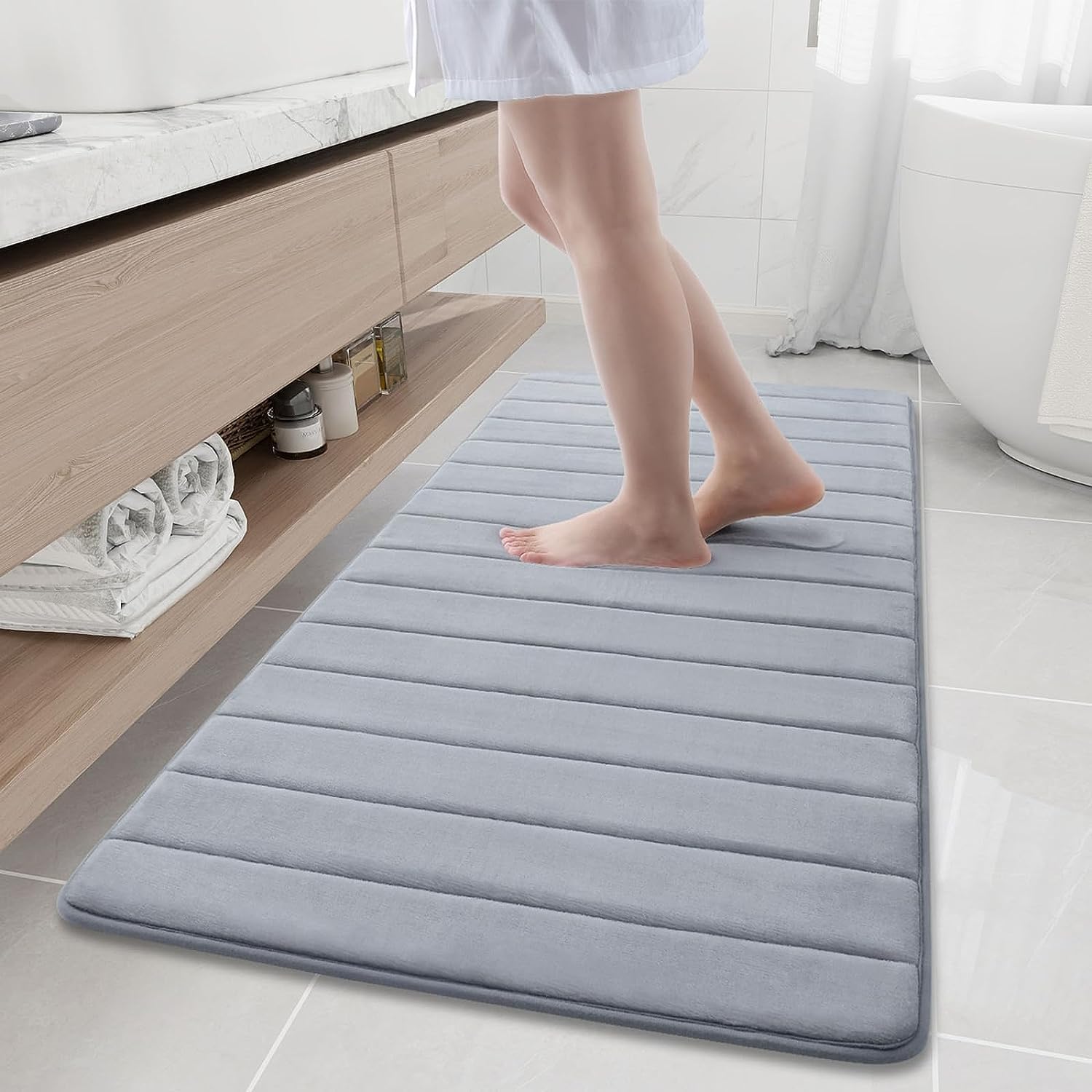Memory Foam Bath Mat Rug, 47" x 16.5", Ultra Soft and Non-Slip Water Absorbent and Machine Washable Bath Rug Runner for Bathroom, Shower, Tub, Grey