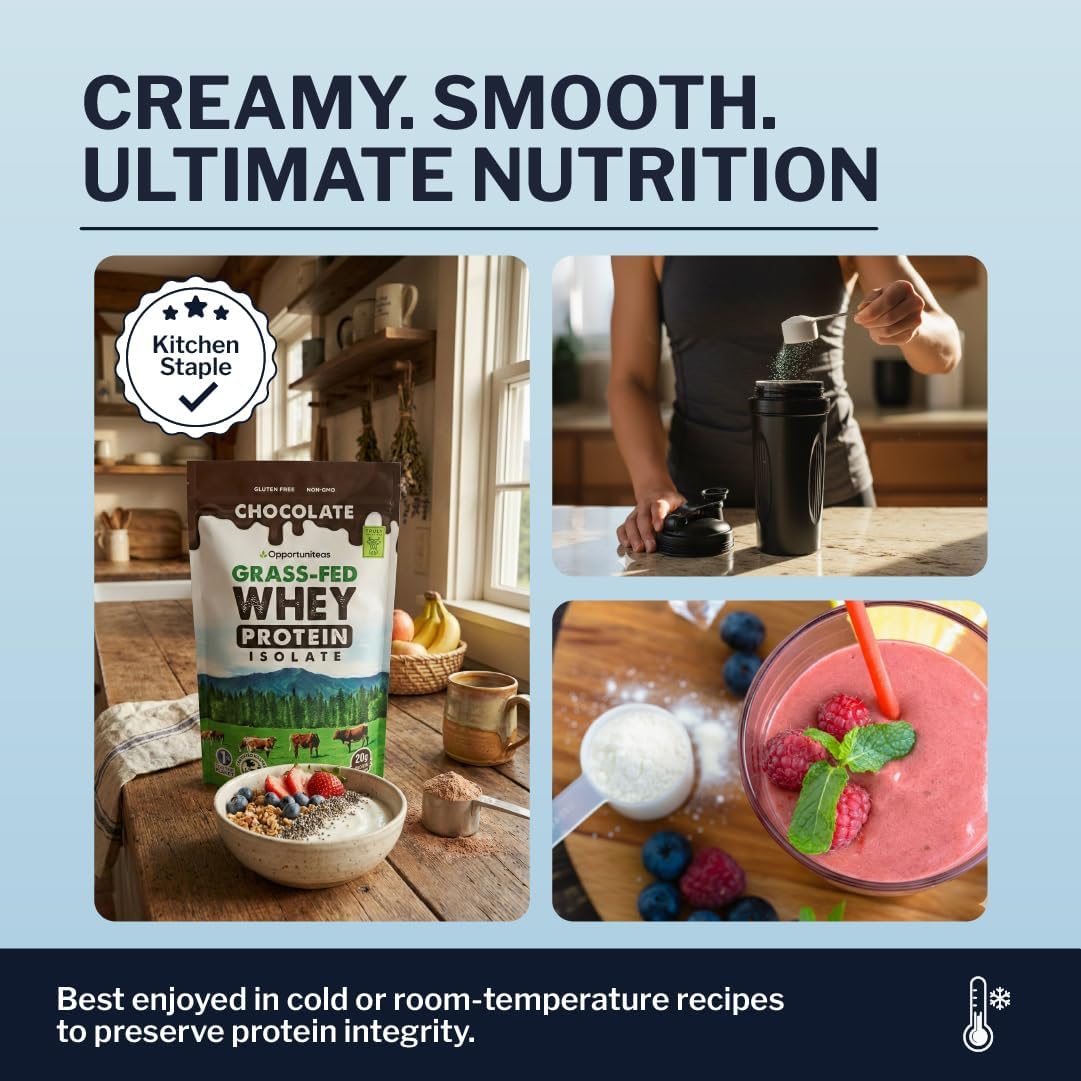 Opportuniteas Grass Fed Chocolate Whey Isolate Protein Powder – 20 g Protein, Heavy-Metal Tested, Made with Organic Cacao & Organic Cane Sugar, Non-GMO, Hormone-Free, Sourced from Ireland, 5 lb