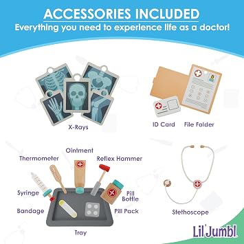 Lil Jumbl Wooden Doctor Playset, Multi-Sided Medical Office Activity Center with Exam Room, Check-in & Waiting Areas, Toddler Playset, Doctors Office Pretend Play