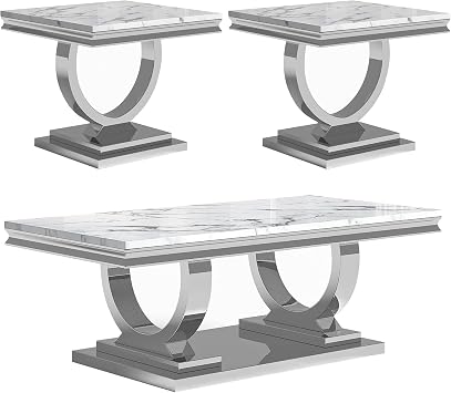 Marble Coffee Table Set of 3, Includes 1 Coffee Table with 2 Square End Side Tables, Luxury 3 Piece Living Room Table Set with White Faux Marble Tabletop & Silver Stainless Steel Base