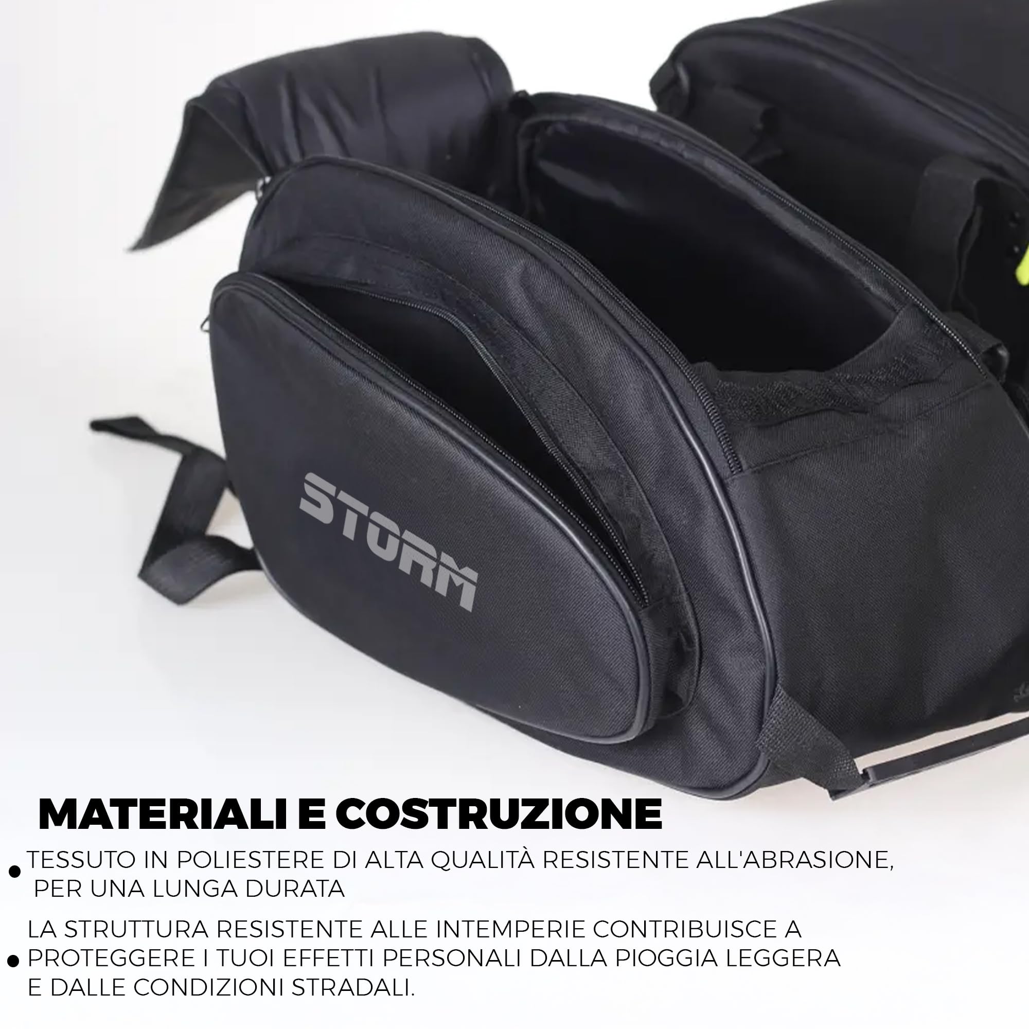 STORM Borse Laterali Moto 45 Litri, Coppia Borsoni Impermeabili con Doppia Apertura a Cerniera, Cinghie Regolabili, Universali, Nero (45 litri)