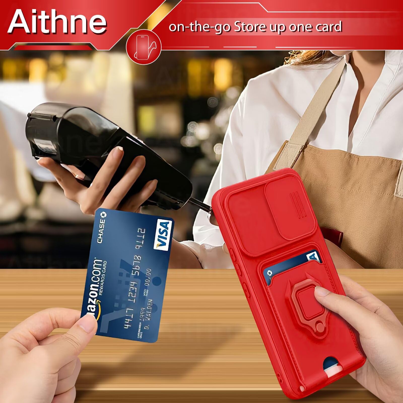 Funda con Cuerda para Samsung Galaxy A56 5G Case con Ranura para Tarjetas,360 Anillo función de Soporte Cubierta -Rojo — view 4