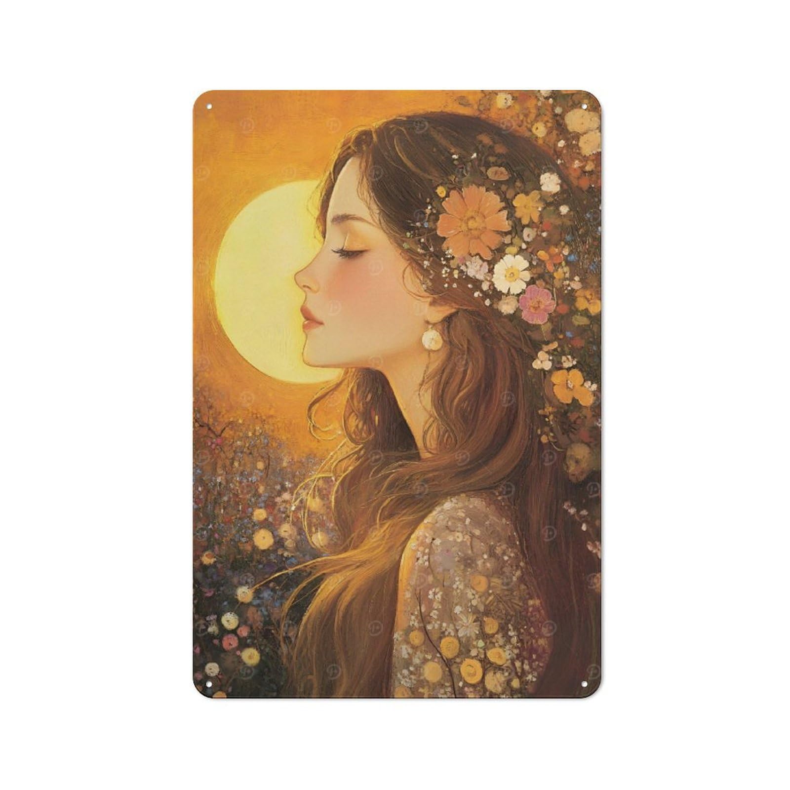 Floral Woman in Golden Light Warehouse Style Metal Wall Decor 30x20cm, Industrial Metal Sign for Workspace, Cafe, Hallway Or Garage