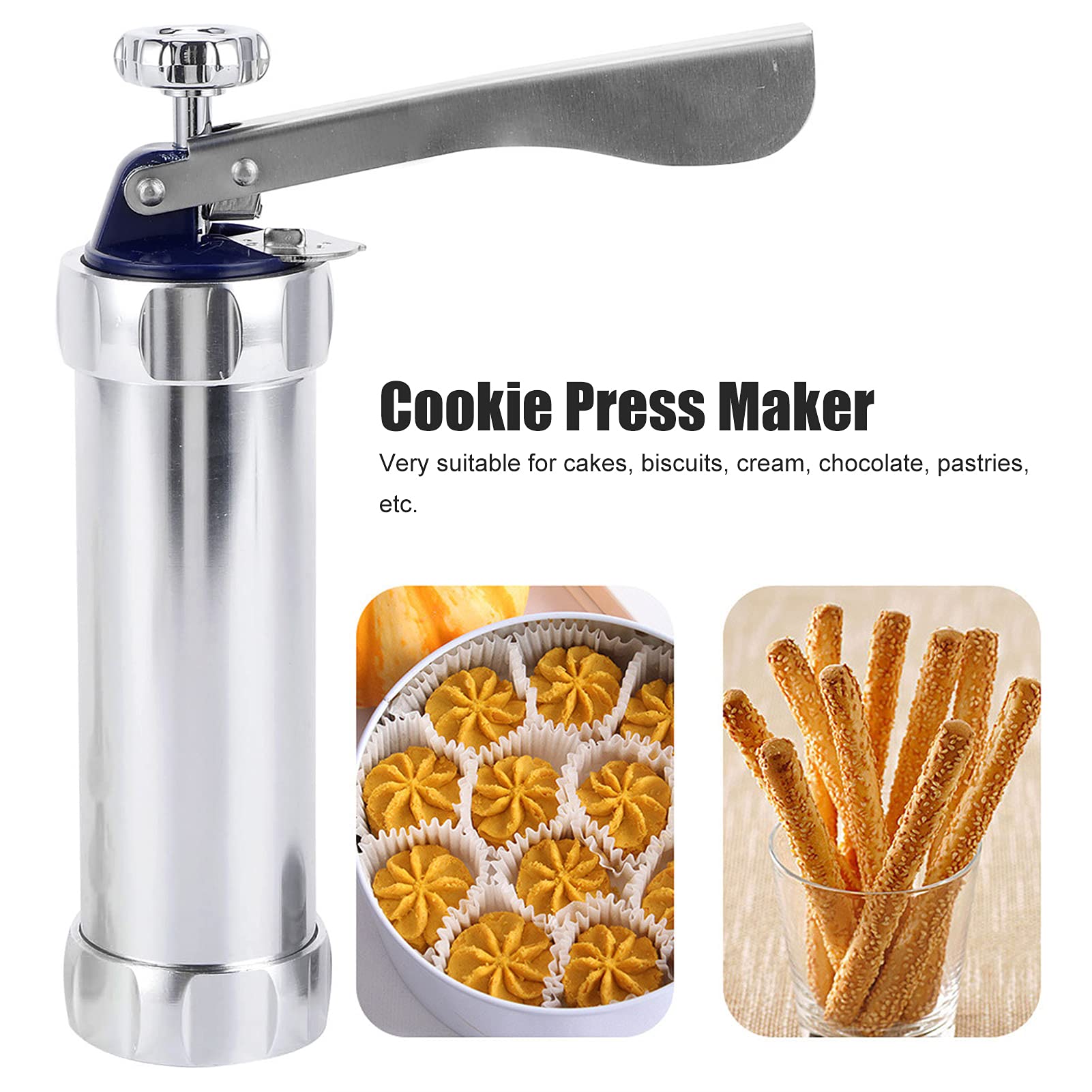 Topyond Cookie Press with 24 Nozzles, Aluminum Alloy Adjustable Biscuit Maker Machine, Cookie Gun for Baking Cakes Chocolate Clay, 20 Discs & 4 Replaceable Nozzles for Home Kitchen Party