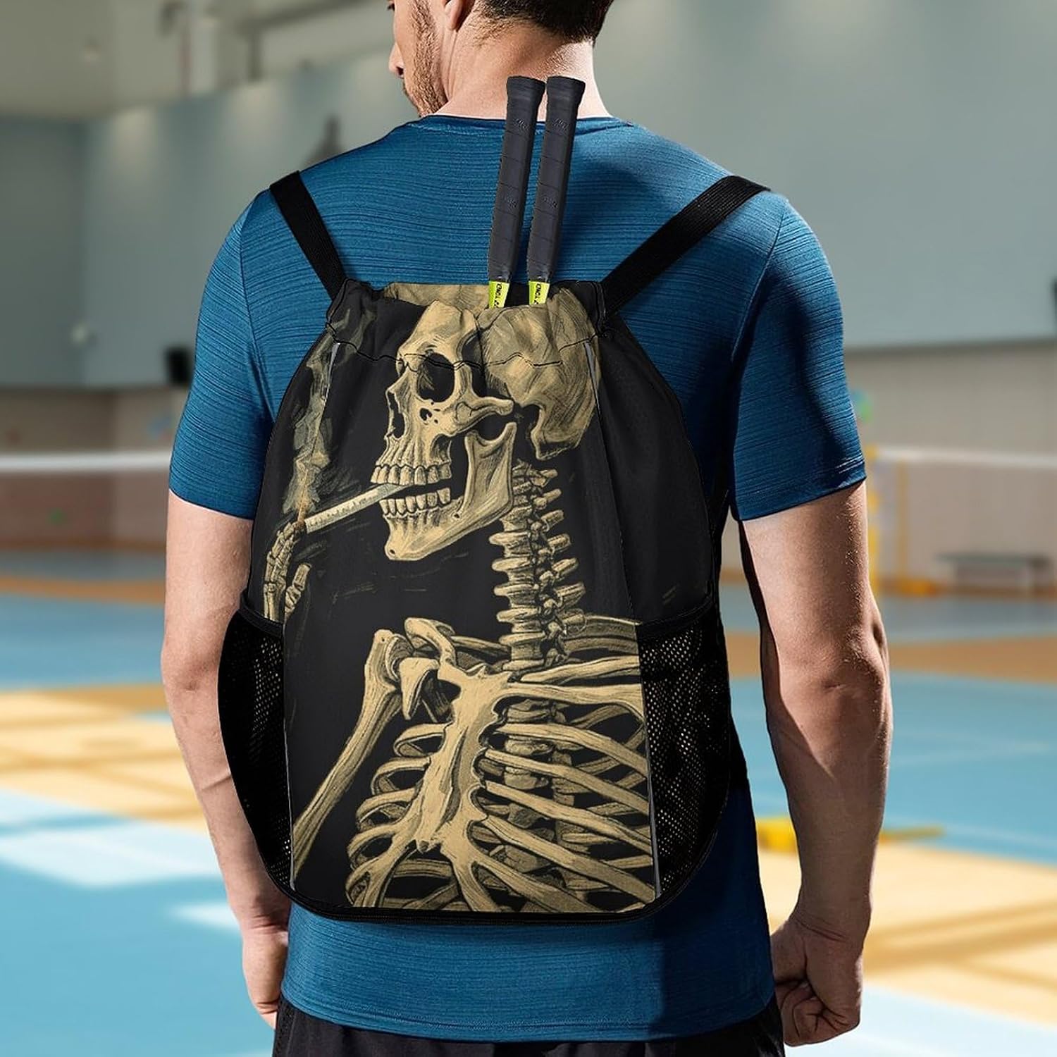 Sports Drawstring Backpack A Skeleton with Burning Cigarette Lightweight Backpack Dry And Wet Separation Large Capacity
