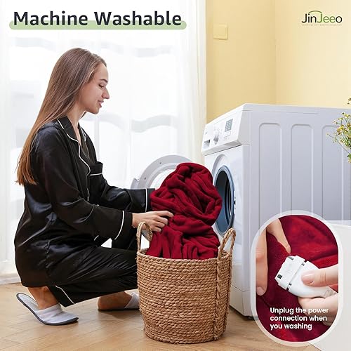 Miniatura 6 de JinJeeo Manta térmica de 62 x 84 pulgadas, manta eléctrica de franela roja, manta de calentamiento rápido, 6 ajustes de calor, apagado automático de