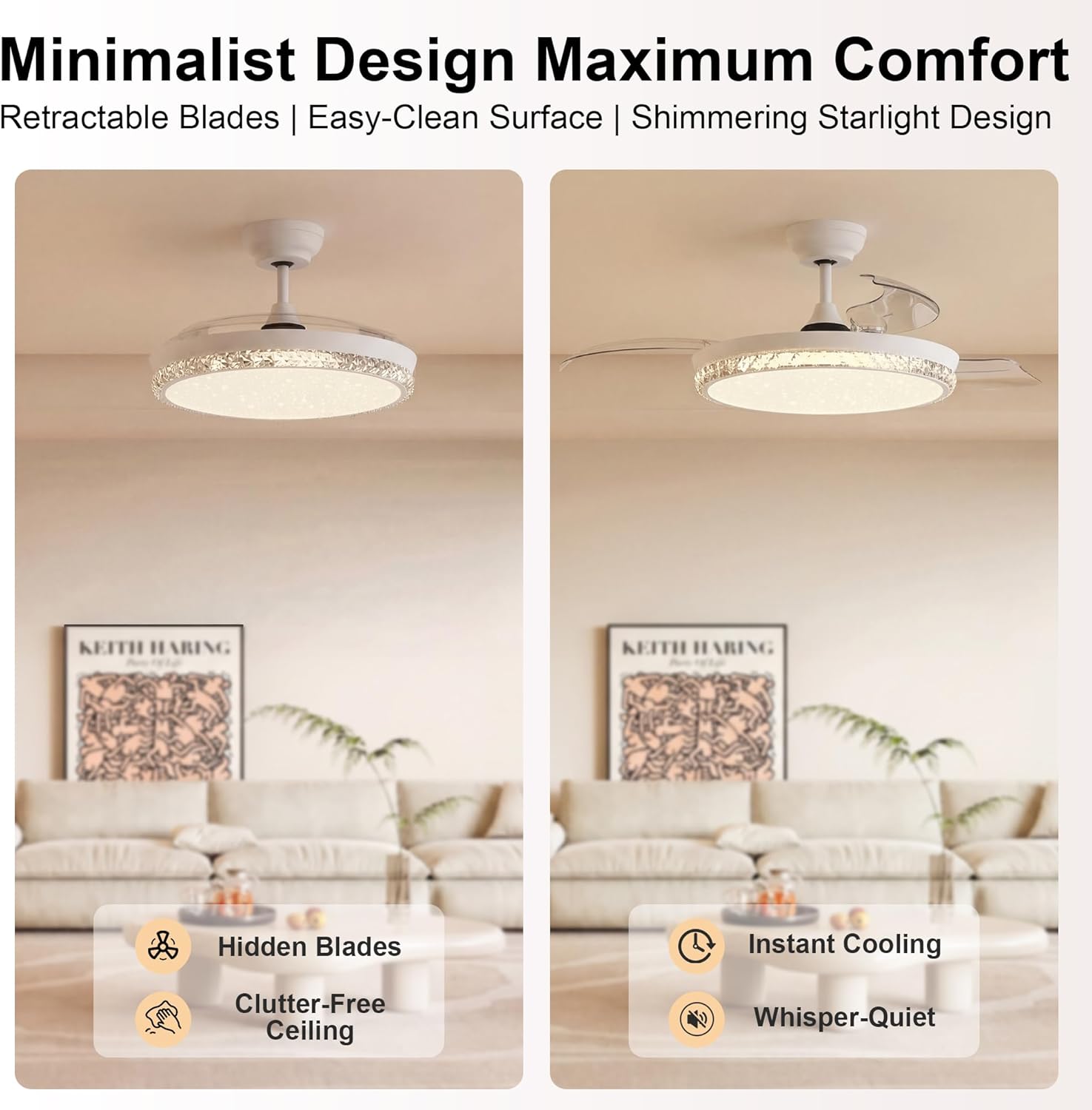 GREENEVER 44 Inch Retractable Ceiling Fan with Light and Remote, Quiet Reversible DC Motor, 3CCT Dimmable Memory LED, Modern Invisible Ceiling Fan for Bedroom Living Room, White by GRANDJOY