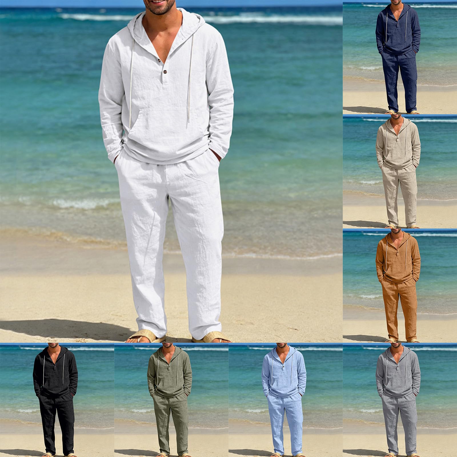 Genérico Traje de Lino para Hombre Informal Conjunto de 2 Piezas Conjunto Deportivo Hombre Camisa Lino Manga Larga Sudadera con Capucha Blusa Verano Camiseta Manga Larga y Pantalón de Playa