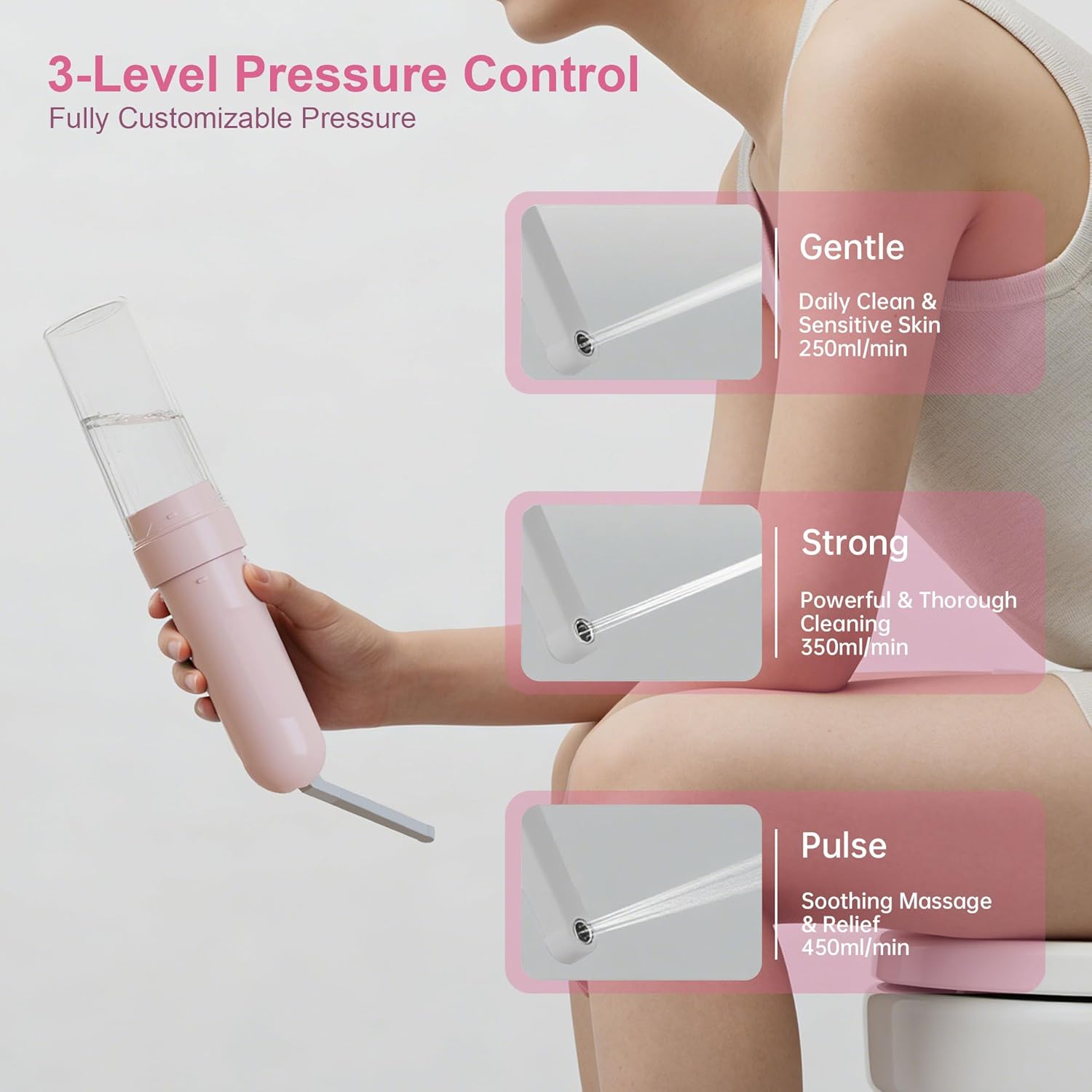 Portable Bidet for Travel | Bathroom - Rechargeable Electric Bidet Sprayer with 3 Pressure | Waterproof for Ultimate Personal Hygiene Cleaning at Home Office and Camping (Pink)