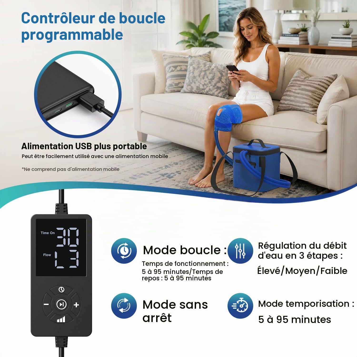 Machine de thérapie par le froid, machine de thérapie à glace programmable pour remplacement du genou, alimentée par USB, récupération post-opératoire, LCA, soulagement de la douleur, pour