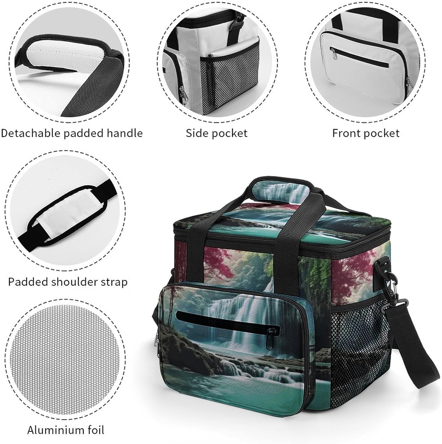Camping Ice Pack, Waterfall Natural Landscape Print Cooler Bag, 22.5L Large Capacity Insulated Lunch Tote Bag for Outdoor, Picnic, BBQ, Travel, Work