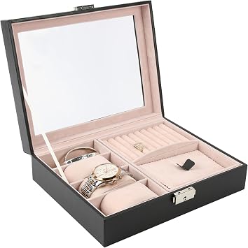 Natico Originals Multi-Compartment Jewelry Box Storage w/Glass Lid and Clasp Closure, Accessories Case for Watches Bracelets Rings Earrings Cufflinks 100-102403