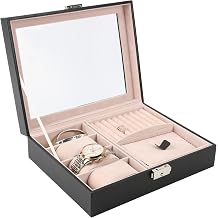 Natico Originals Multi-Compartment Jewelry Box Storage w/Glass Lid and Clasp Closure, Accessories Case for Watches Bracelets Rings Earrings Cufflinks 100-102403
