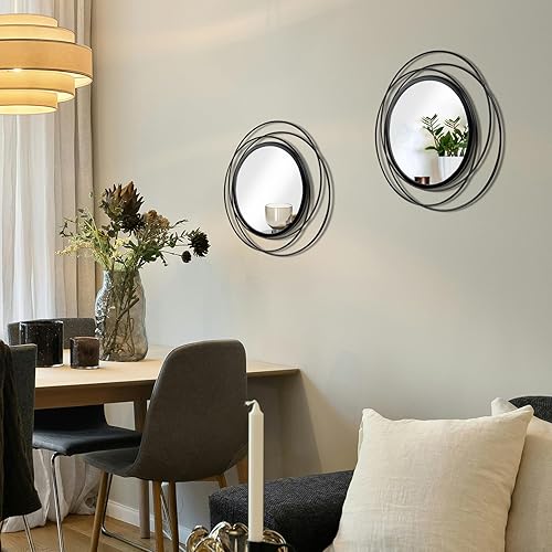 Miniatura 5 de Cityelf Juego de 2 espejos circulares negros de 33.7 cm, marco de hierro, decoración de pared del hogar, espejos redondos colgantes para sala de