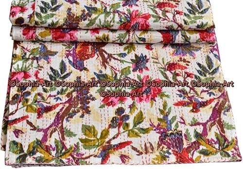 Miniatura 5 de Sophia-Art Colcha Kantha hecha a mano con estampado de pájaros, manta Kantha, funda de cama, colcha King Kantha, ropa de cama bohemia Kantha tamaño