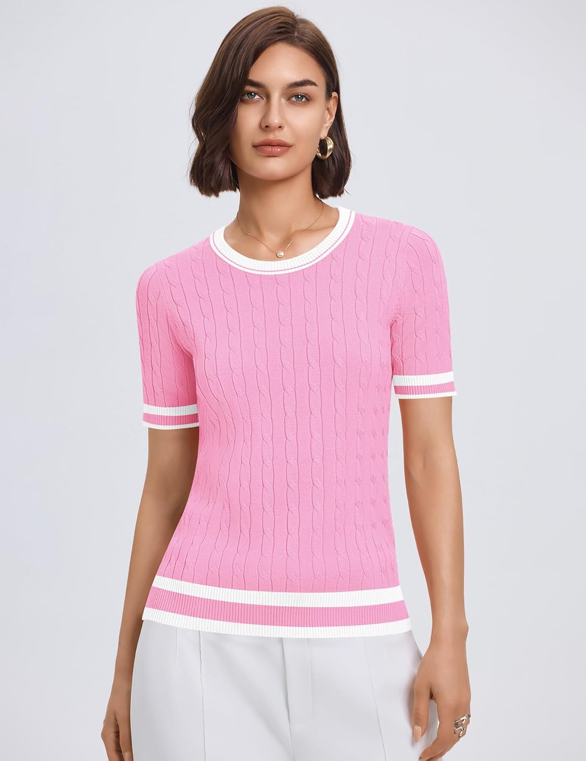 Micoson Womens Short Sleeve Cable Knit Sweater Tops Crewneck Lightweight Spring Summer Shirts Business Dressy Casual Outfits - Image 4